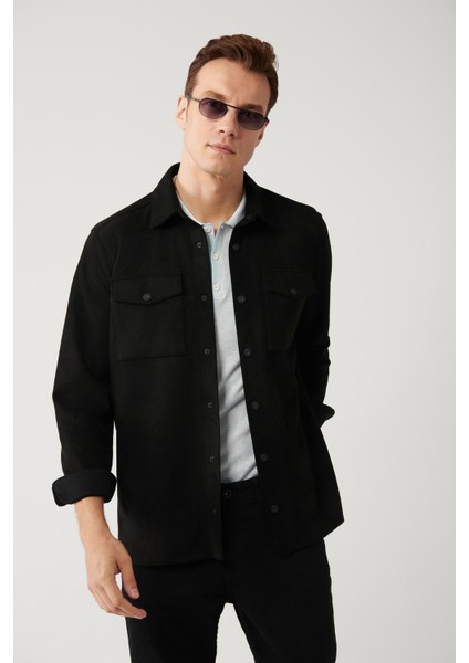 Erkek Siyah Süet Dokulu Önü Çıtçıtlı Mevsimlik Comfort Fit Mont A41Y6010