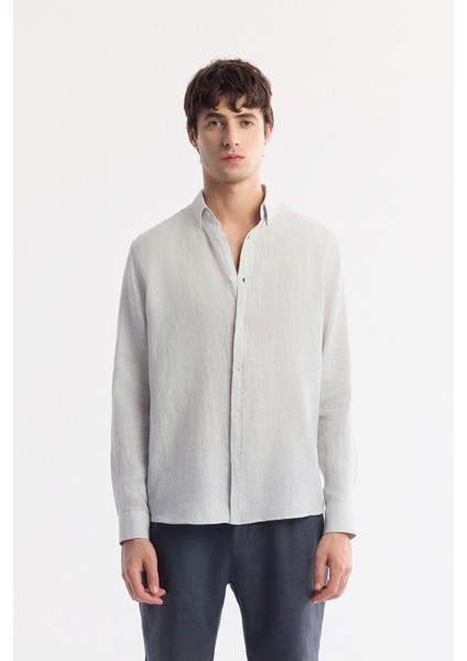 Erkek Buz Gri Düğmeli Yaka %100 Keten Comfort Fit Gömlek B002191