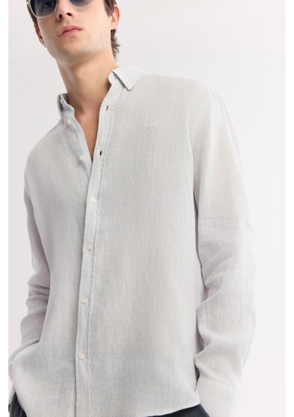 Erkek Buz Gri Düğmeli Yaka %100 Keten Comfort Fit Gömlek B002191 fiyatları