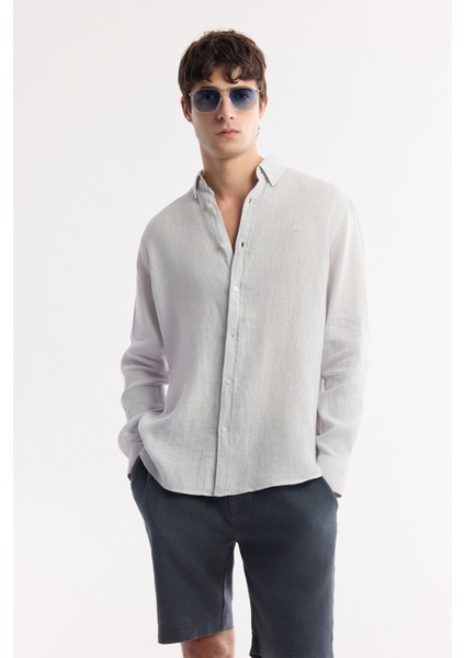 Erkek Buz Gri Düğmeli Yaka %100 Keten Comfort Fit Gömlek B002191 fırsatları