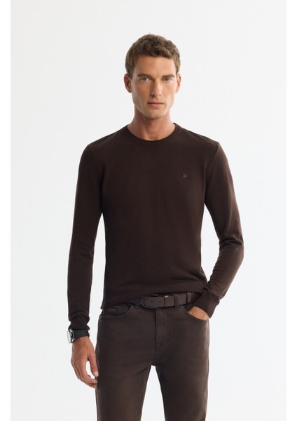 Erkek Kahverengi Bisiklet Yaka Tüylenmeyen Triko Regular Fit Kazak E005000