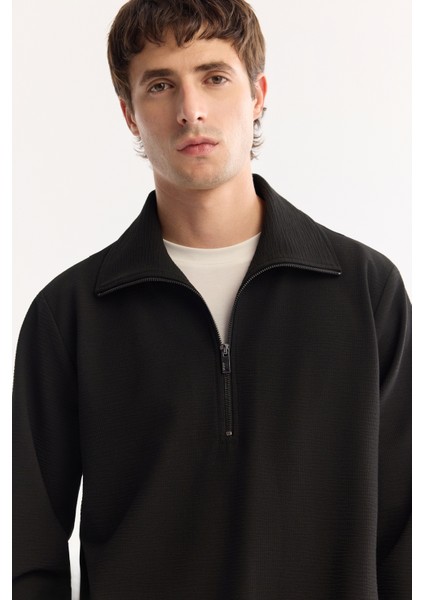 Erkek Siyah Yarım Fermuarlı Viskon Karışımlı Bi-Stretch Comfort Fit Sweatshirt A52Y2096 fiyatları
