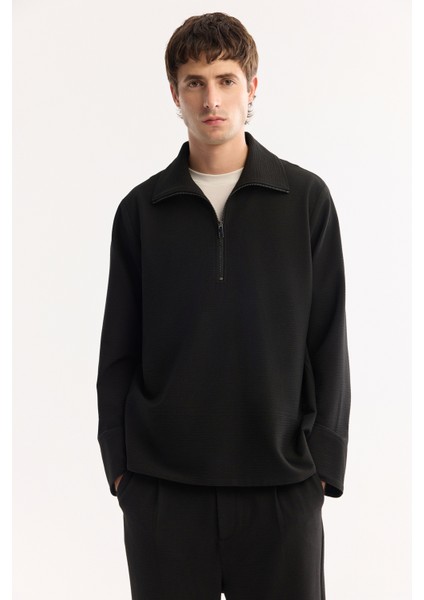 Erkek Siyah Yarım Fermuarlı Viskon Karışımlı Bi-Stretch Comfort Fit Sweatshirt A52Y2096 indirimleri