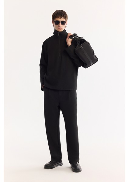 Erkek Siyah Yarım Fermuarlı Viskon Karışımlı Bi-Stretch Comfort Fit Sweatshirt A52Y2096