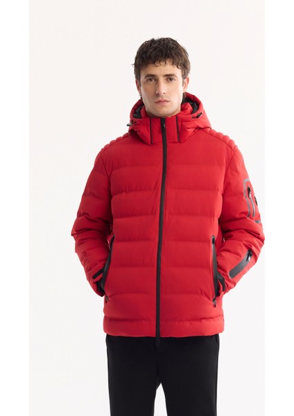 Erkek Kırmızı Kapüşonlu Kaz Tüyü Su İtici Rüzgar Geçirmez -10°C Dayanıklı Şişme Mont A52Y6067