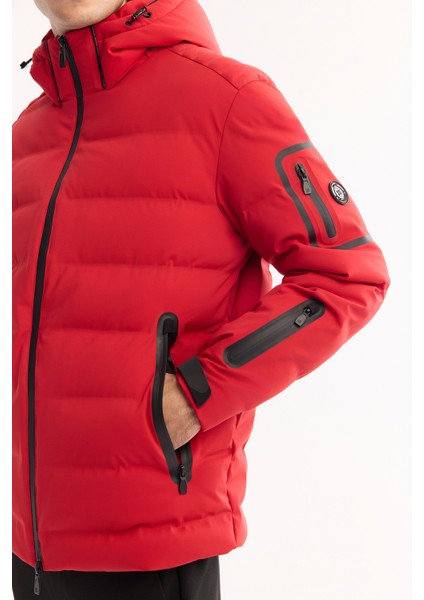 Erkek Kırmızı Kapüşonlu Kaz Tüyü Su İtici Rüzgar Geçirmez -10°C Dayanıklı Şişme Mont A52Y6067