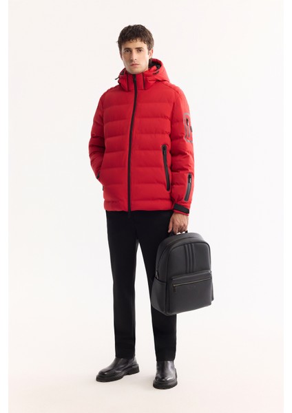 Erkek Kırmızı Kapüşonlu Kaz Tüyü Su İtici Rüzgar Geçirmez -10°C Dayanıklı Şişme Mont A52Y6067