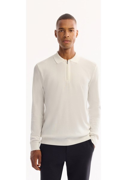 Erkek Ekru Polo Yaka Fermuarlı Rayon Tüylenmeyen Dokulu Triko Regular Fit Kazak A52Y5019