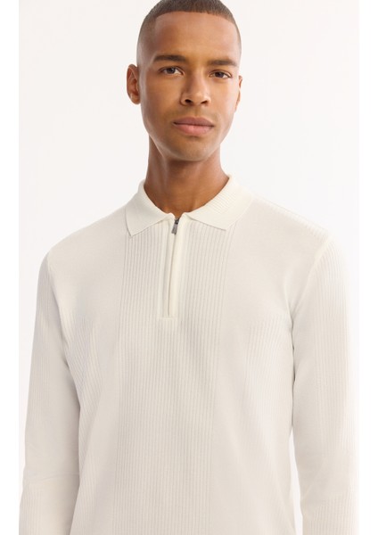 Erkek Ekru Polo Yaka Fermuarlı Rayon Tüylenmeyen Dokulu Triko Regular Fit Kazak A52Y5019