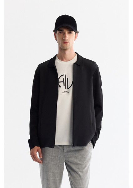 Erkek Siyah Polo Yaka Fermuarlı Cepli Regular Fit Hırka A42Y5047