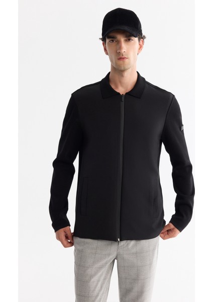 Erkek Siyah Polo Yaka Fermuarlı Cepli Regular Fit Hırka A42Y5047