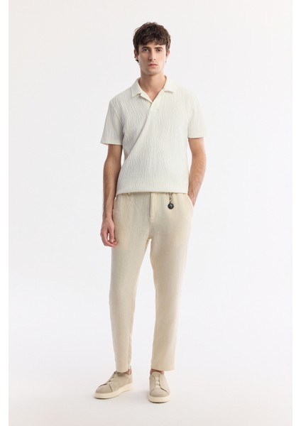 Erkek Bej Beli Lastikli %100 Keten Relaxed Fit Pantolon B003032