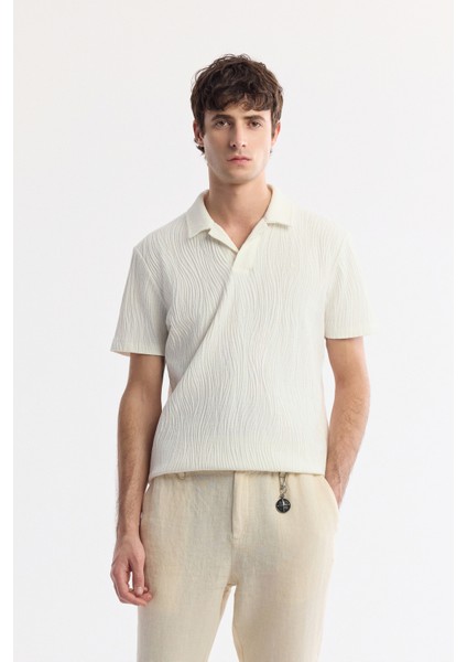 Erkek Bej Beli Lastikli %100 Keten Relaxed Fit Pantolon B003032