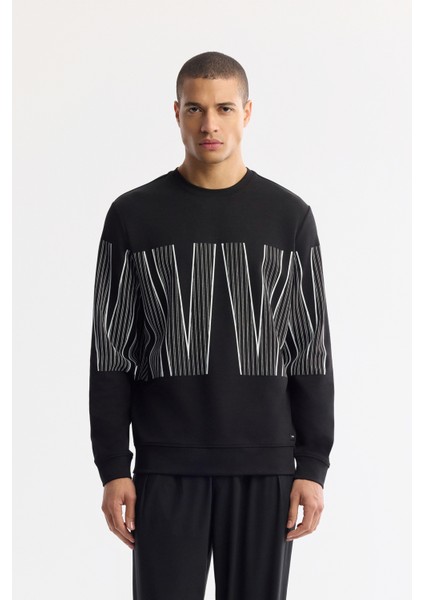 Erkek Siyah Bisiklet Yaka Baskılı Bi-Stretch İnterlok Regular Fit Sweatshirt A51Y1227