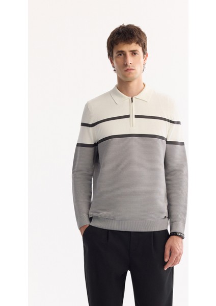 Erkek Gri Polo Yaka Fermuarlı Çizgili Triko Regular Fit Kazak A52Y5091