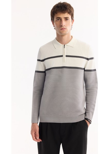 Erkek Gri Polo Yaka Fermuarlı Çizgili Triko Regular Fit Kazak A52Y5091 fiyatları