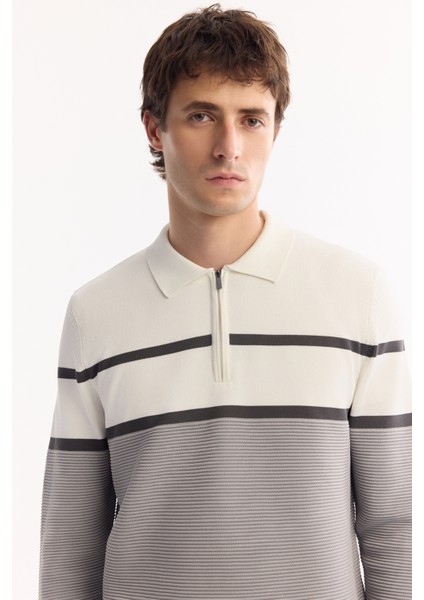 Erkek Gri Polo Yaka Fermuarlı Çizgili Triko Regular Fit Kazak A52Y5091 indirimleri