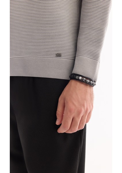 Erkek Gri Polo Yaka Fermuarlı Çizgili Triko Regular Fit Kazak A52Y5091