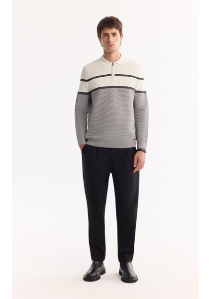 Erkek Gri Polo Yaka Fermuarlı Çizgili Triko Regular Fit Kazak A52Y5091