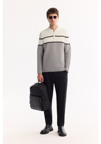 Erkek Gri Polo Yaka Fermuarlı Çizgili Triko Regular Fit Kazak A52Y5091