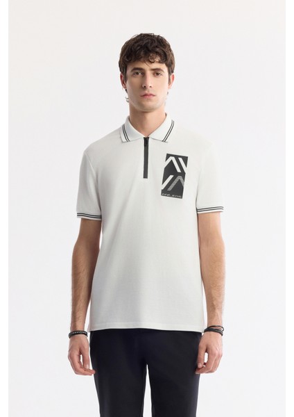 Erkek Beyaz Polo Yaka Baskılı %100 Pamuk Regular Fit T-Shirt A51Y1167