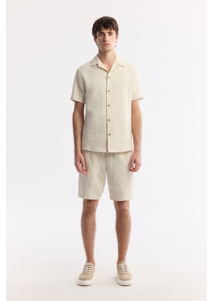 Erkek Bej Beli Lastikli Bağcıklı %100 Pamuk Relaxed Fit Şort A51Y3708