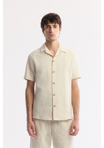 Erkek Bej Beli Lastikli Bağcıklı %100 Pamuk Relaxed Fit Şort A51Y3708