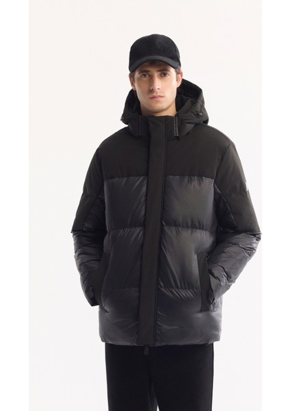 Erkek Siyah Kapüşonlu Su İtici Rüzgar Geçirmez -10°C Dayanıklı Şişme Kayak Montu A52Y6107