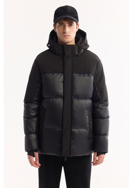 Erkek Siyah Kapüşonlu Su İtici Rüzgar Geçirmez -10°C Dayanıklı Şişme Kayak Montu A52Y6107 modelleri