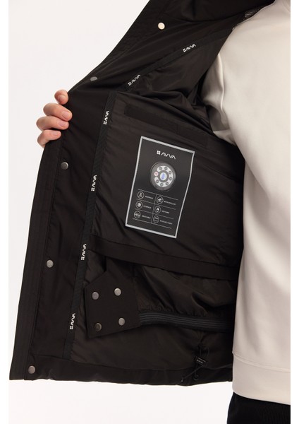 Erkek Siyah Kapüşonlu Su İtici Rüzgar Geçirmez -10°C Dayanıklı Şişme Kayak Montu A52Y6107