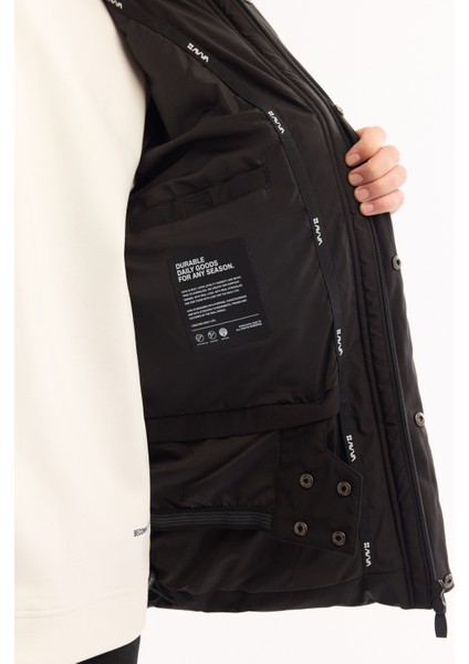 Erkek Siyah Kapüşonlu Su İtici Rüzgar Geçirmez -10°C Dayanıklı Şişme Kayak Montu A52Y6107