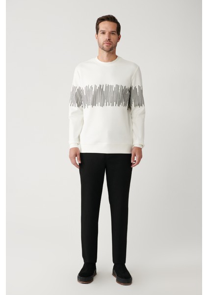 Erkek Beyaz İnterlok Kumaş Bisiklet Yaka Baskılı Sweatshirt A32Y1312