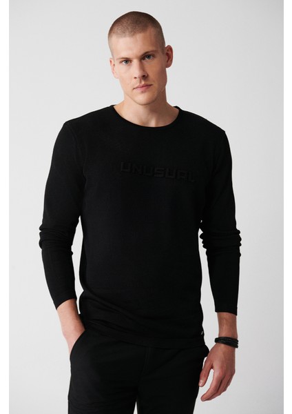 Erkek Siyah Bisiklet Yaka Baskılı Rayon Kazak A32Y5033