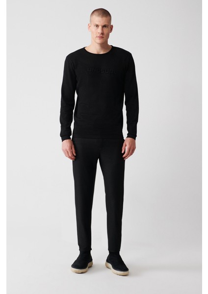 Erkek Siyah Bisiklet Yaka Baskılı Rayon Kazak A32Y5033