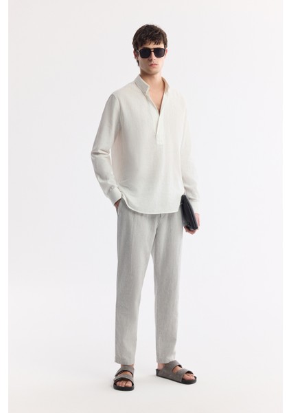Erkek Gri Beli Bağcıklı Keten Karışımlı Chino Relaxed Fit Pantolon B003036