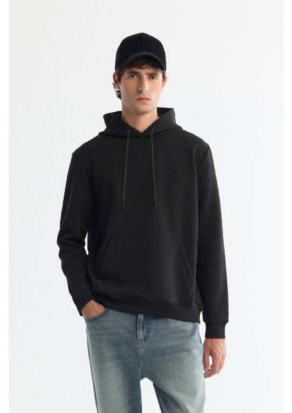Erkek Siyah Kapüşonlu Baskılı Elastan Regular Fit Sweatshirt A42Y1332