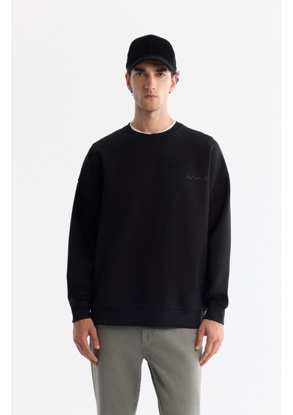 Erkek Siyah Bisiklet Yaka Elastan Oversize Fit Sweatshirt A42Y1248