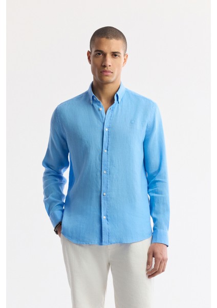 Erkek Mavi Düğmeli Yaka %100 Keten Comfort Fit Gömlek B002191