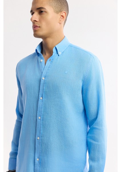 Erkek Mavi Düğmeli Yaka %100 Keten Comfort Fit Gömlek B002191 fiyatları