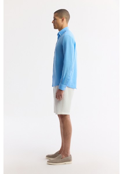 Erkek Mavi Düğmeli Yaka %100 Keten Comfort Fit Gömlek B002191 modelleri