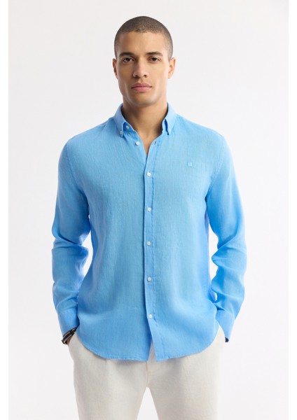 Erkek Mavi Düğmeli Yaka %100 Keten Comfort Fit Gömlek B002191 indirimleri