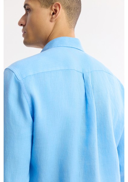 Erkek Mavi Düğmeli Yaka %100 Keten Comfort Fit Gömlek B002191