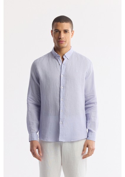 Erkek Lila Düğmeli Yaka %100 Keten Comfort Fit Gömlek B002191