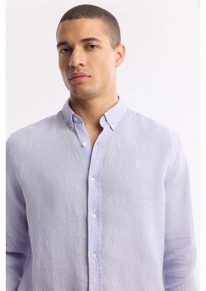 Erkek Lila Düğmeli Yaka %100 Keten Comfort Fit Gömlek B002191 fiyatları