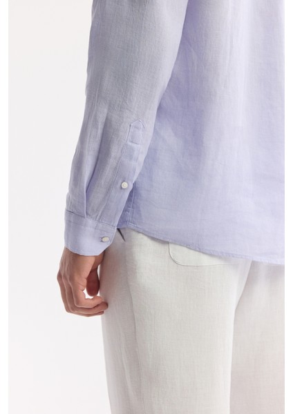 Erkek Lila Düğmeli Yaka %100 Keten Comfort Fit Gömlek B002191 indirimleri