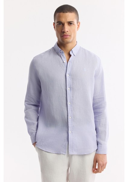 Erkek Lila Düğmeli Yaka %100 Keten Comfort Fit Gömlek B002191