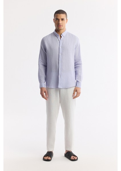 Erkek Lila Düğmeli Yaka %100 Keten Comfort Fit Gömlek B002191