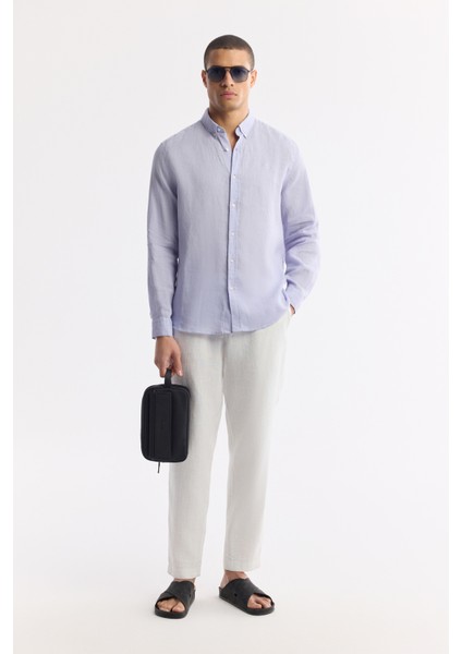 Erkek Lila Düğmeli Yaka %100 Keten Comfort Fit Gömlek B002191