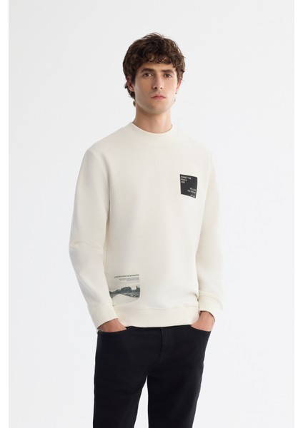 Erkek Ekru Bisiklet Yaka Pamuklu Baskılı Elastan Regular Fit Sweatshirt A42Y1251