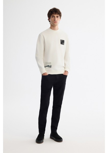 Erkek Ekru Bisiklet Yaka Pamuklu Baskılı Elastan Regular Fit Sweatshirt A42Y1251 indirimleri